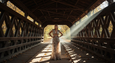 Beautiful woman in a long dress on the bridge over the riverの素材