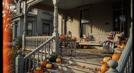Pumpkins on the porch of an old house in the USAの素材