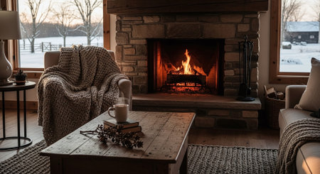 Cozy winter living room with fireplace and armchair in country houseの素材