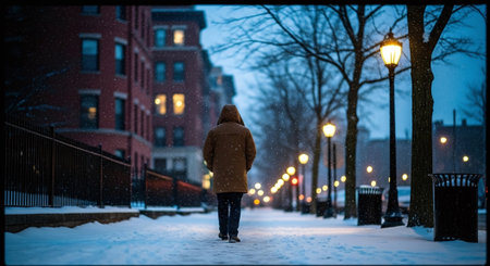 A young woman is walking along a snowy street in New York City.の素材