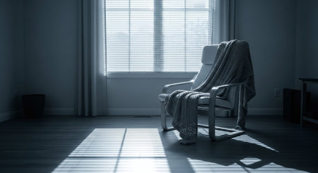A chair with a knitted blanket in a room with a large windowの素材