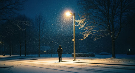 Man walking on the street at night with snowfall in the backgroundの素材
