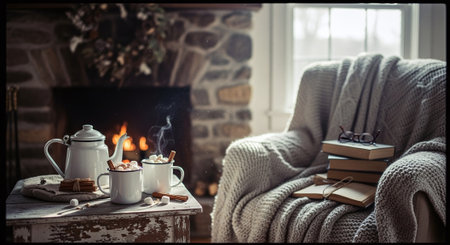 Cozy home with a cup of hot chocolatehmallows and books.の素材
