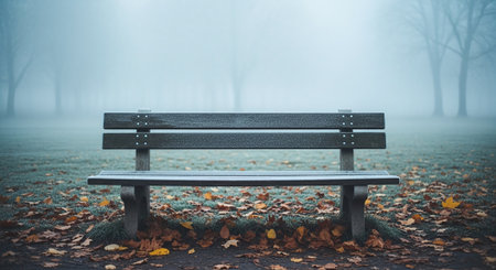 Empty bench in the foggy autumn park. Selective focus.の素材
