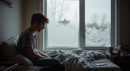 Young man sitting on the bed and looking out the window in winterの素材