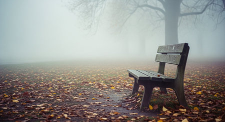 Empty bench in a foggy park with fallen leaves on the groundの素材