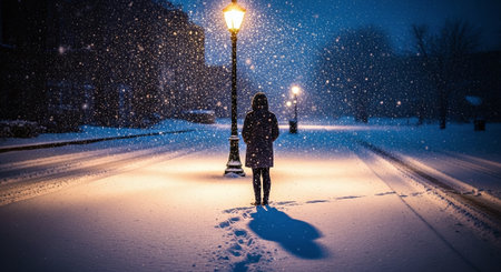 Little girl walking in the city at night with a snowfall.の素材