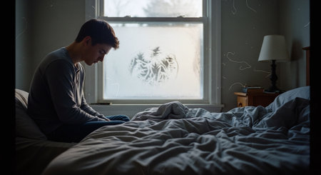 Young man sitting on the bed in the morning and looking out the windowの素材
