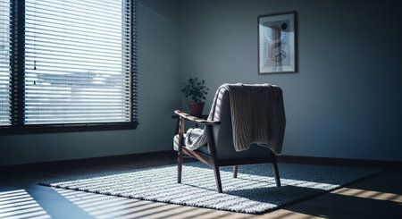 Comfortable armchair in a room with blinds on the windowの素材