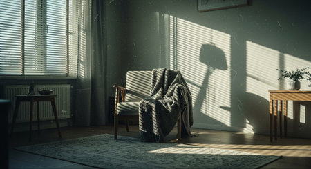 Comfortable armchair in the room with a window blinds.の素材