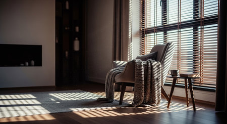 Comfortable armchair with knitted plaid near window at homeの素材