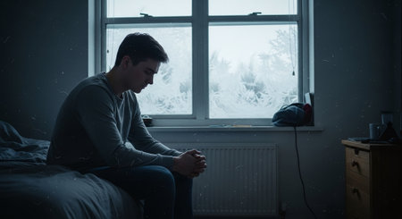 Man sitting on the bed and looking out the window at the snowfallの素材