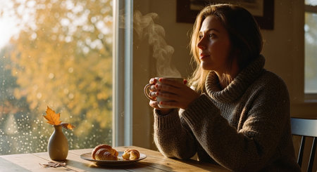 Young woman with cup of tea or coffee near window at autumn dayの素材