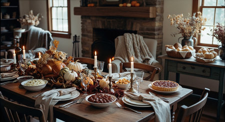 Festive table setting for Thanksgiving dinner in a rustic style.の素材