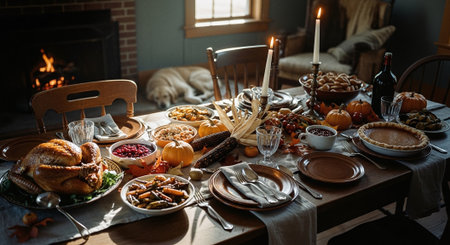 Thanksgiving table setting with turkey, pumpkins and other traditional autumn food.の素材