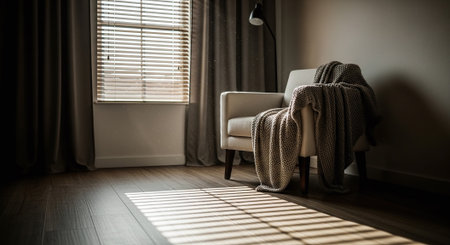 Cozy living room with armchair and blanket on the floor.の素材