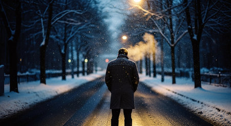 Man in winter clothes blowing snow from his hands on a snowy road at nightの素材