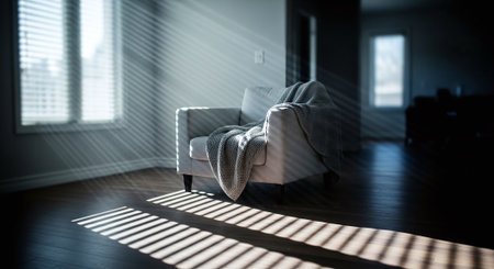 Comfortable armchair in room with blinds on the window.の素材