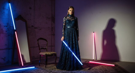 Beautiful girl in long evening dress posing in dark room with neon lightの素材