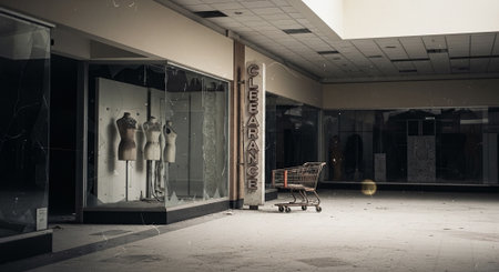 Shopping cart in front of a shop window in a shopping centerの素材