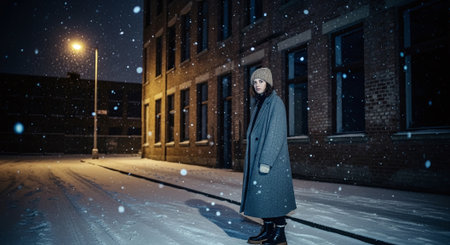 Fashionable woman wearing coat and cap against snowy city at nightの素材