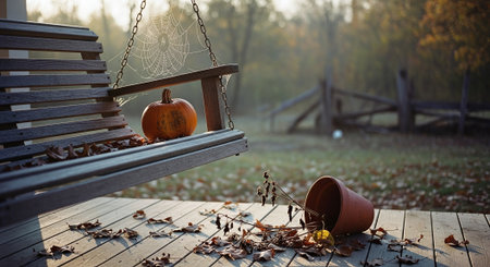 Halloween pumpkin on a swing in the park. Halloween background.の素材