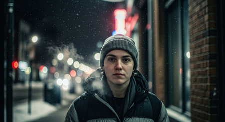 Portrait of a young man with a hood on his head in the city at nightの素材