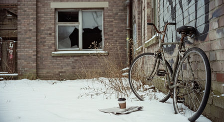 Bicycles in the snow against the background of a brick wallの素材