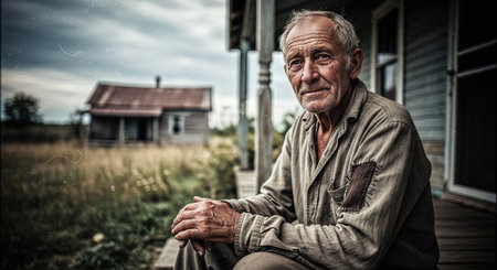Portrait of an elderly man sitting in front of a wooden houseの素材