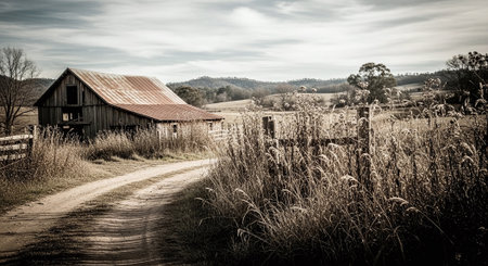 Vintage rural landscape with old barn and fence. Toned.の素材