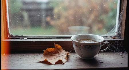 Cup of coffee and autumn leaves on the windowsill in rainy weatherの素材