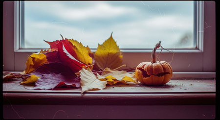 Halloween pumpkin and autumn leaves on the windowsill, vintage tonedの素材