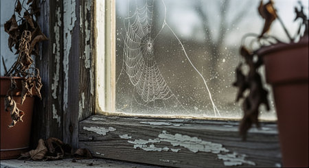 Spider web on a window sill in the early morning, close-upの素材