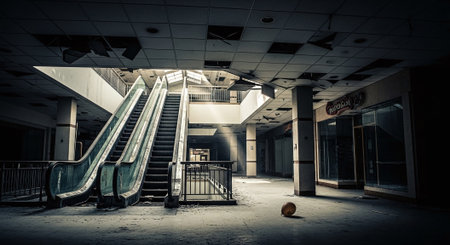 Abandoned industrial interior with escalators and stairs, tonedの素材