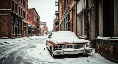 Abandoned old car in a snowy street in Boston, Massachusetts.の素材