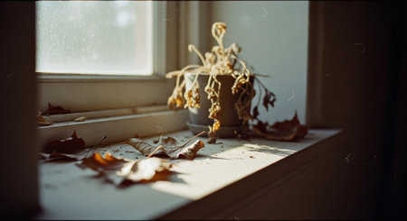 Autumn still life with dry leaves on a window sill. Selective focus.の素材