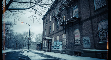 Old brick building with graffiti on the wall in winter, Moscow, Russiaの素材