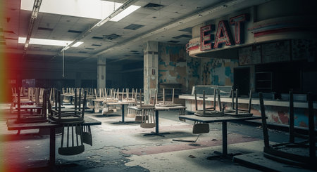 Abandoned restaurant interior with tables and chairs in a grunge styleの素材
