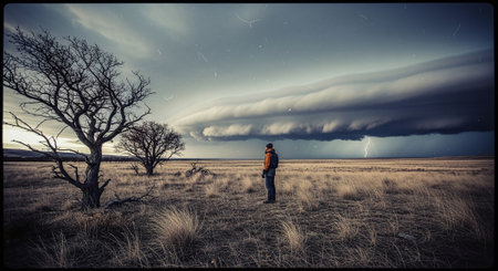 A man standing in the middle of a field looking at the stormの素材