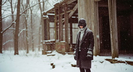 Young man in a black coat and hat in the winter forest.の素材