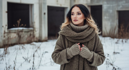 Portrait of a beautiful young woman in a warm sweater on a background of an abandoned building.の素材