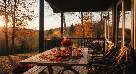 Autumn terrace with a table and chairsrated with autumn leaves.の素材