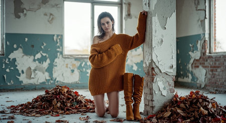 Portrait of a beautiful girl in a sweater and boots in an abandoned building.の素材