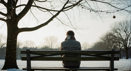 Young woman sitting on a bench in a park in winter, back viewの素材