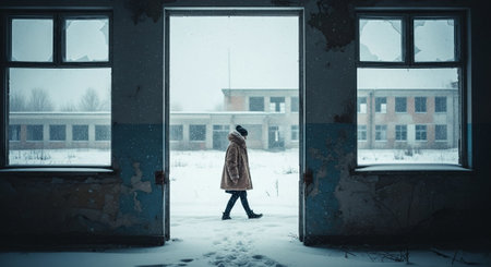 A girl in a winter coat and hat walks through an abandoned building.の素材