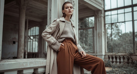 Beautiful young woman in beige coat and brown trousers posing in vintage interiorの素材