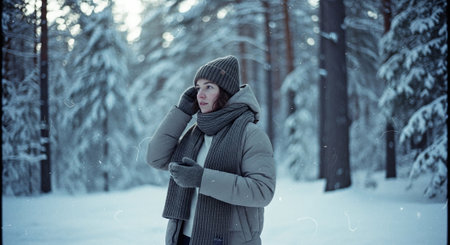 Beautiful young woman in the winter forest. She is wearing warm clothes.の素材