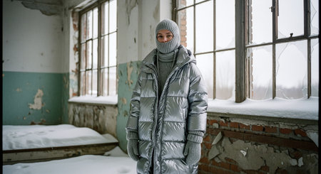 Portrait of a man in a winter jacket on a background of windowsの素材