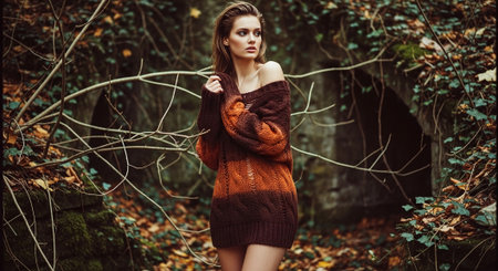 Beautiful young woman in a warm sweater in autumn forest. Beauty, fashion.の素材
