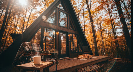 Cup of coffee on the terrace of a log house in the forestの素材